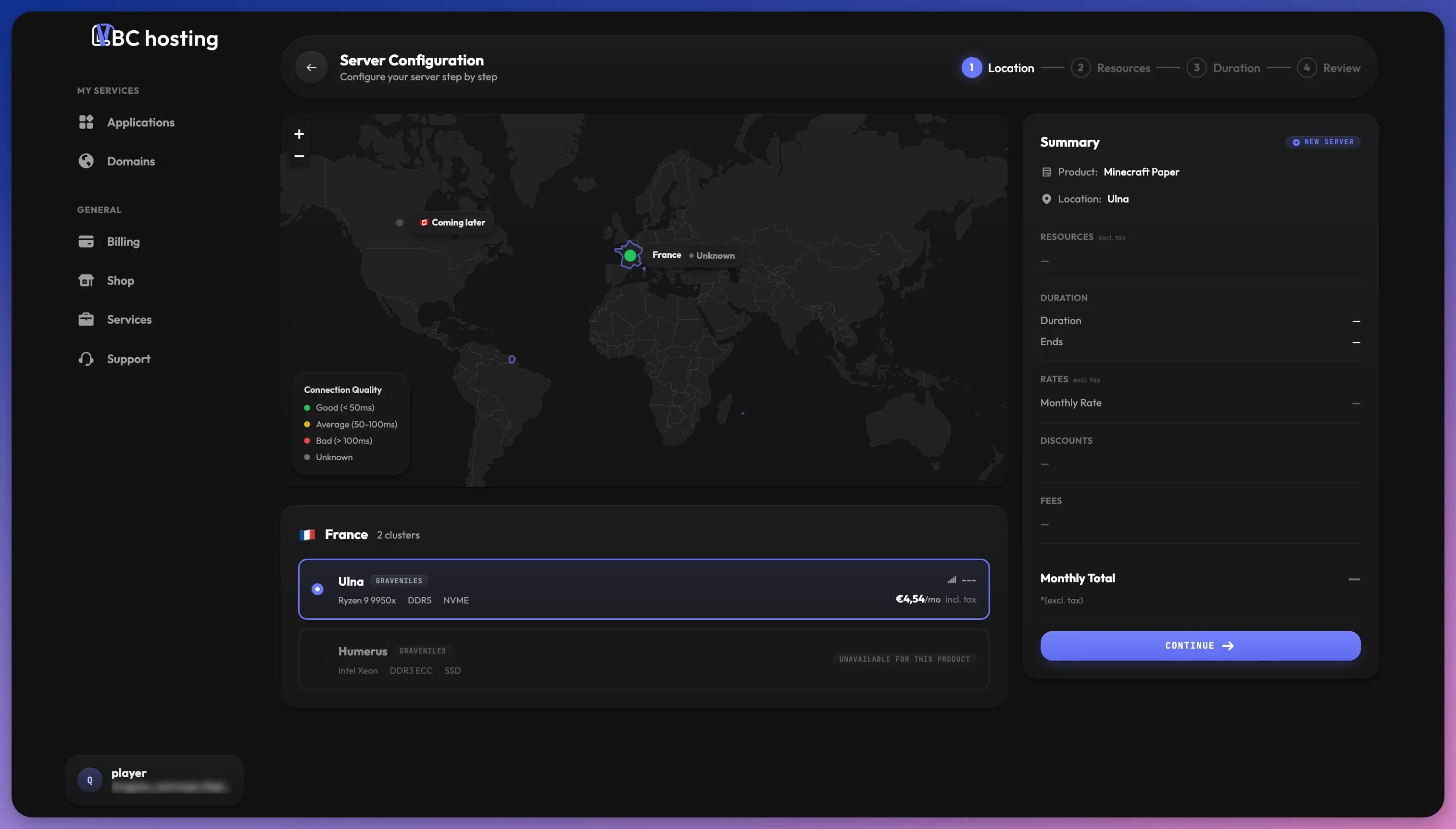 Étape d'emplacement avec la carte des datacenters