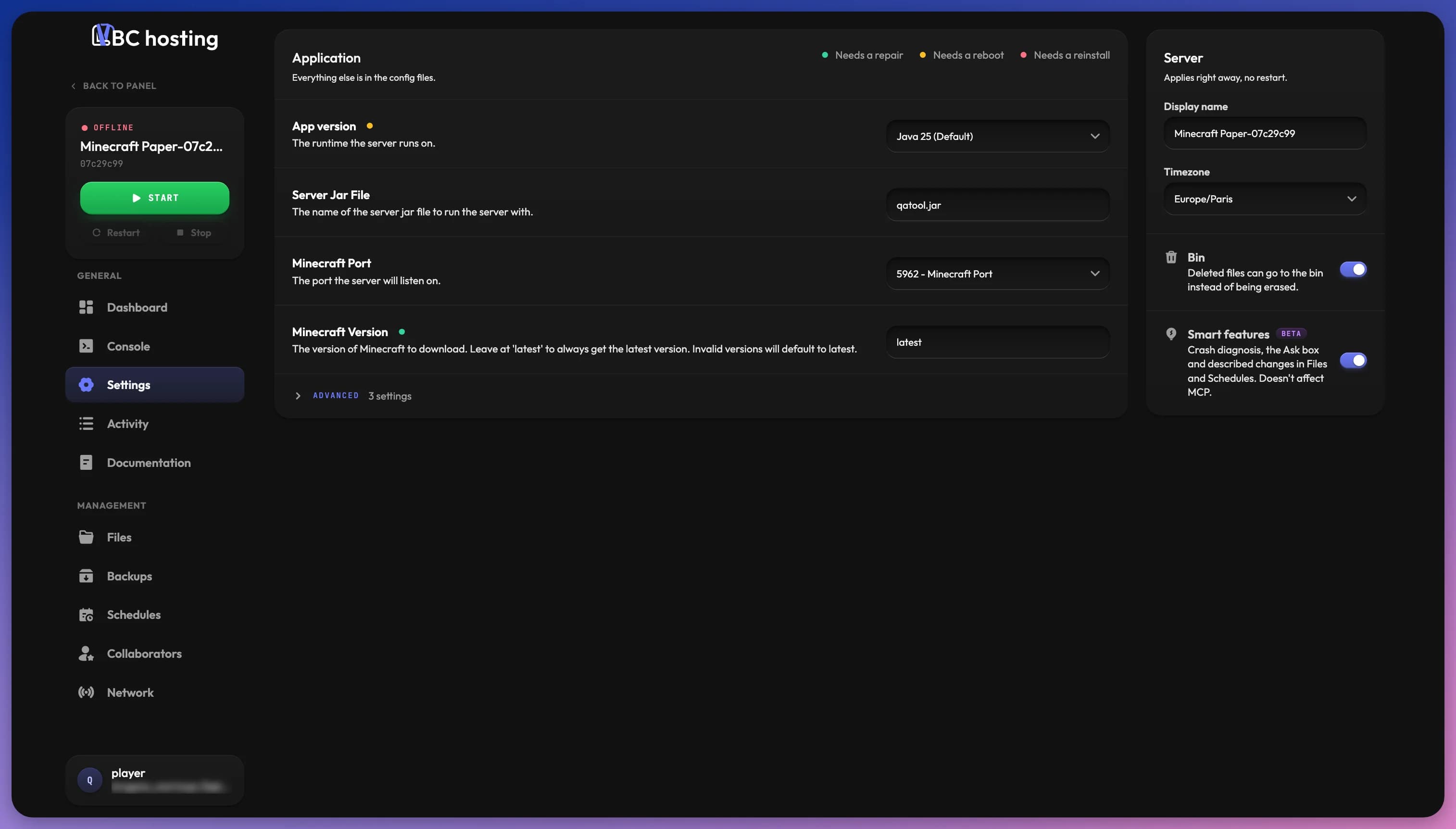 Paramètres du serveur