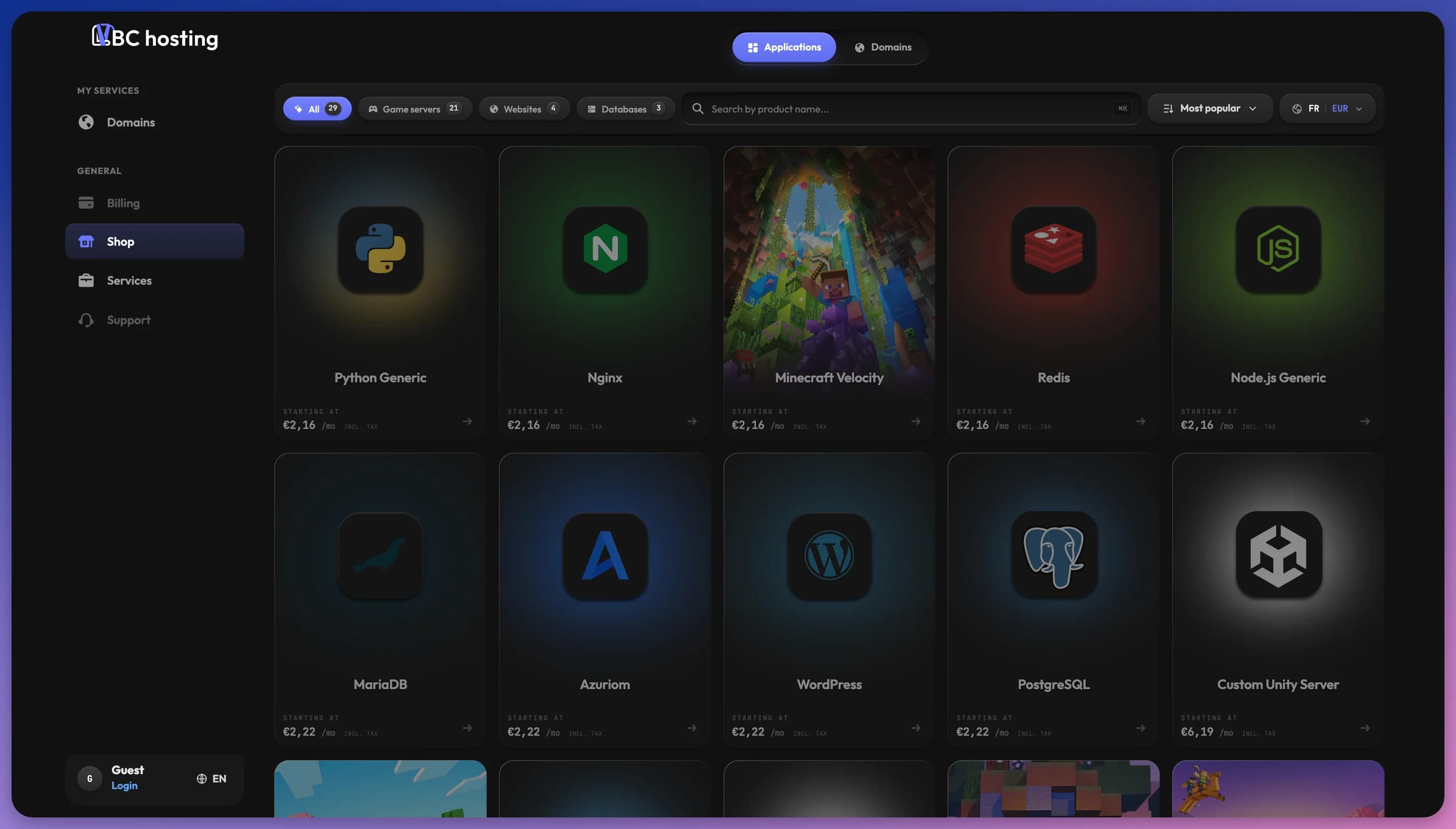 Boutique avec le catalogue d'applications