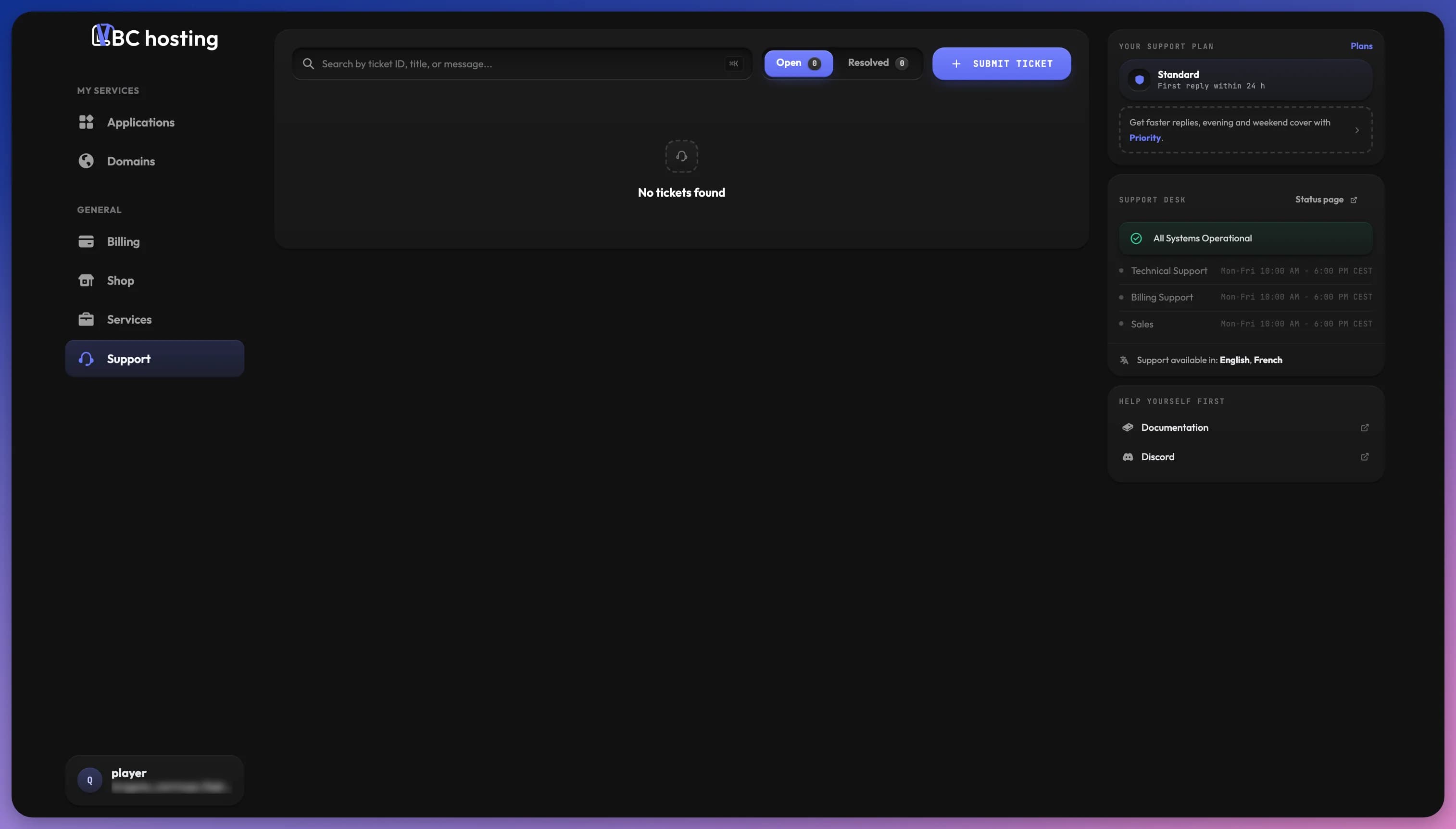 Page support avec les tickets et le support desk